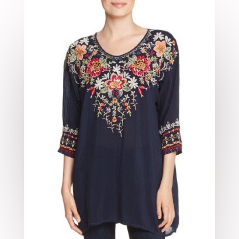 Johnny Was Shaylee Embroidered Blouse Navy Floral Tunic Top Large - Picture 2 of 8